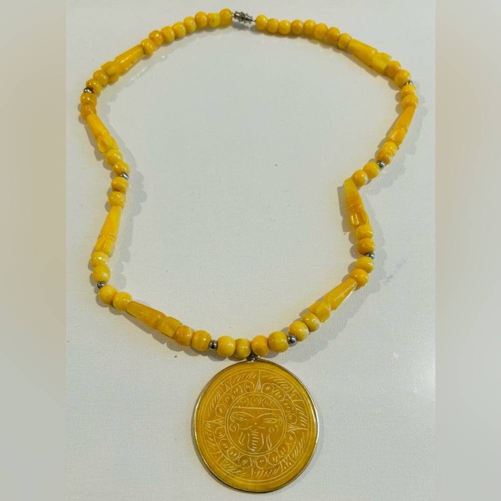Vintage Yellow Jasper Beaded Necklace with Aztec Pendant